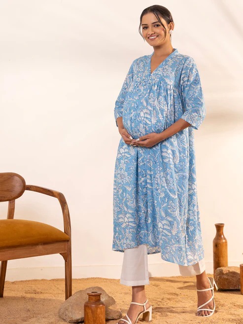 Sky Blue Cotton Floral Printed A Line Maternity Gown Collection