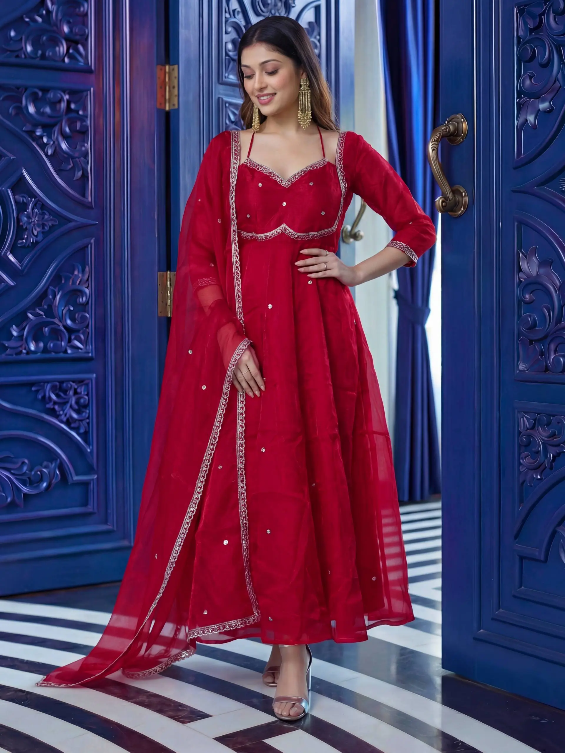 DKT 5153 Fandy Silk Maroon Gown Kurti With Pant Dupatta Online