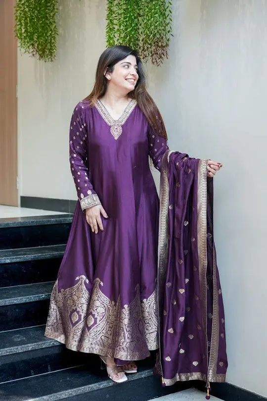 Yasu 1147 Banarasi Silk Anarkali Flair Purple Kurti Pant With Duppata Design