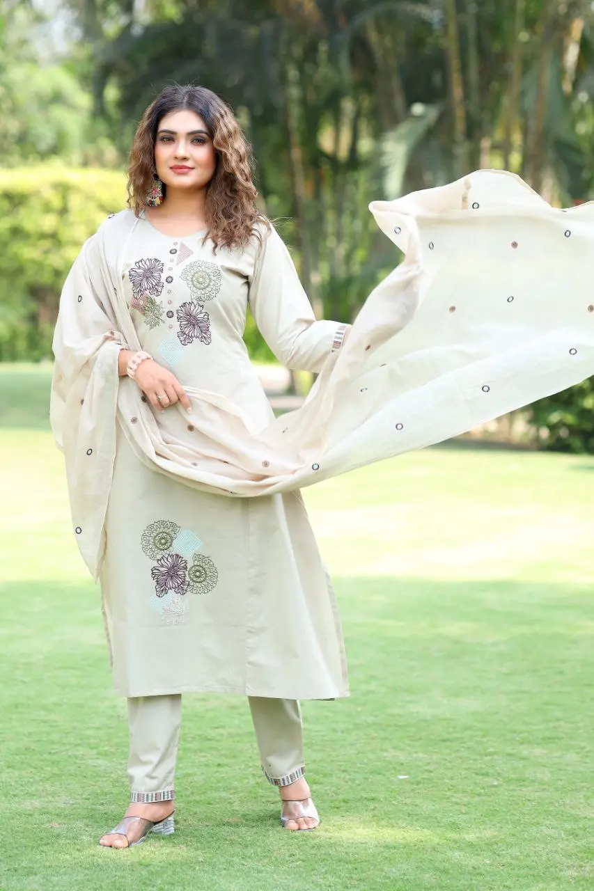 KR 404 Cream Pure Cotton A-Line Kurti Pant Dupatta With Embroidery Work
