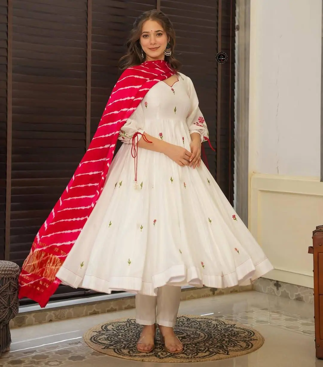 Laxmy 2112 Chanderi Cotton White Anarkali Kurti Pant With Red Dupatta