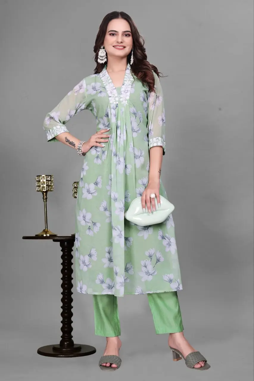 RM Georgette Back kurti Pant With Chikankari Lace