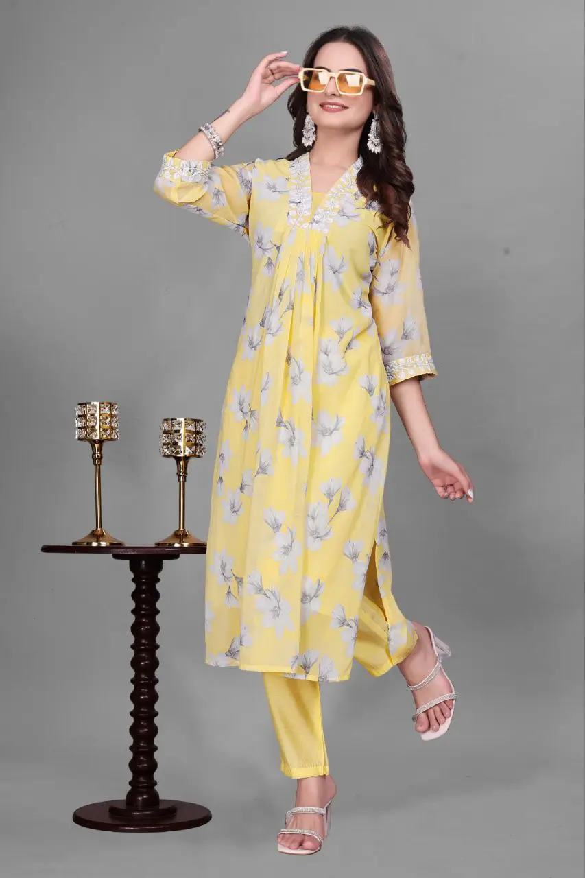 RM Georgette Yellow kurti Pant With Chikankari Lace