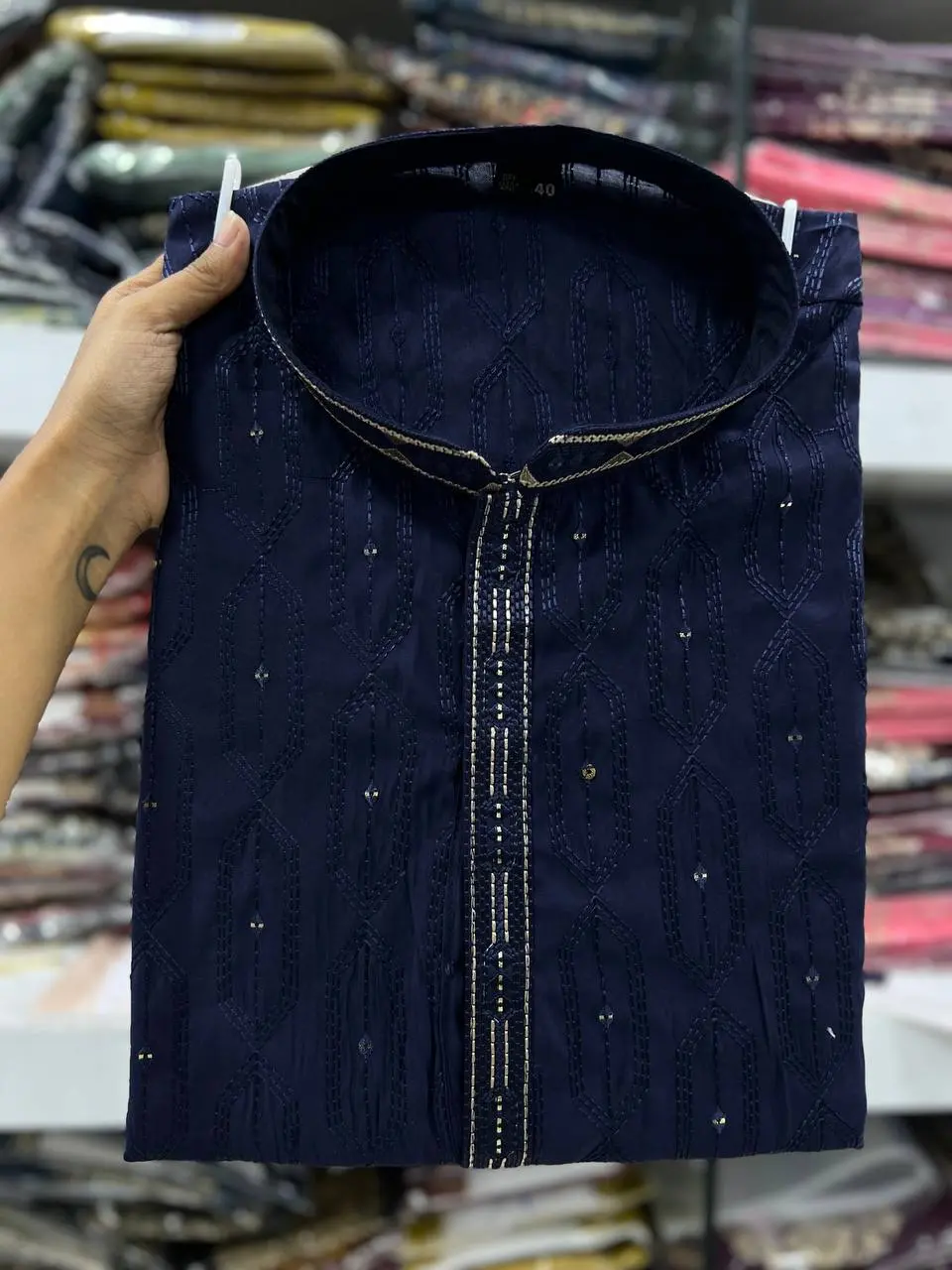 2016 Black Premium Silk Kurta Pajama With Embroidery sequins work