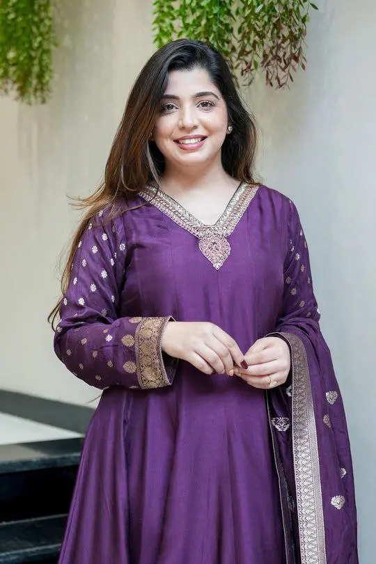 Yasu 1147 Banarasi Silk Anarkali Flair Purple Kurti Pant With Duppata Design