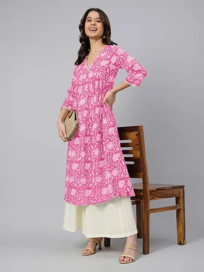 Women Pink Pure Cotton Floral Printed Flared Kurta | Silk Aura USA