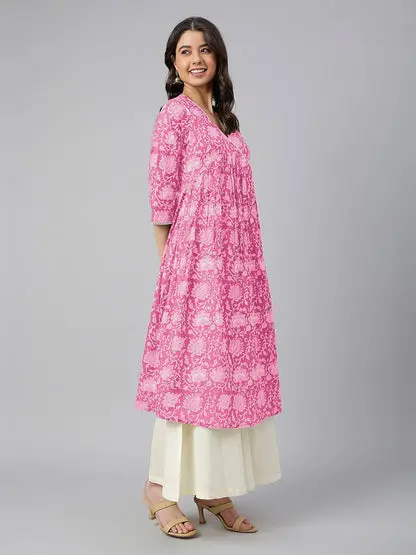 Women Pink Pure Cotton Floral Printed Flared Kurta | Silk Aura USA