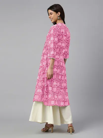 Women Pink Pure Cotton Floral Printed Flared Kurta | Silk Aura USA