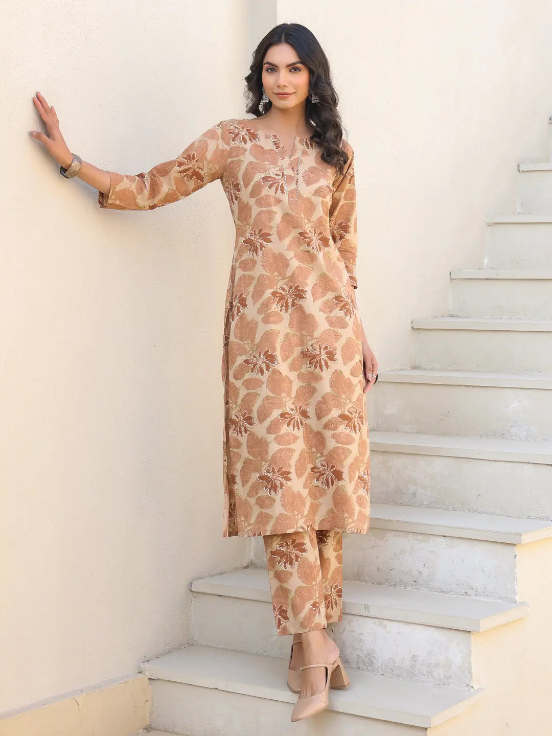Buy Women Beige Pure Cotton Floral Printed Straight Kurta Pant Set Usa