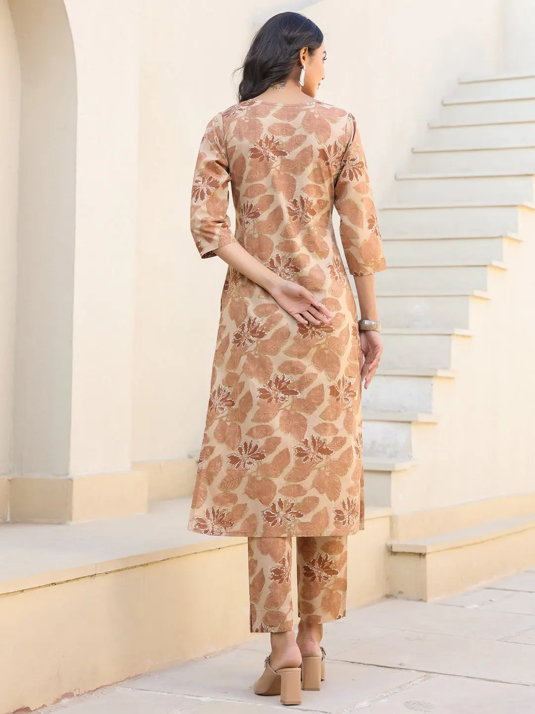 Buy Women Beige Pure Cotton Floral Printed Straight Kurta Pant Set Usa