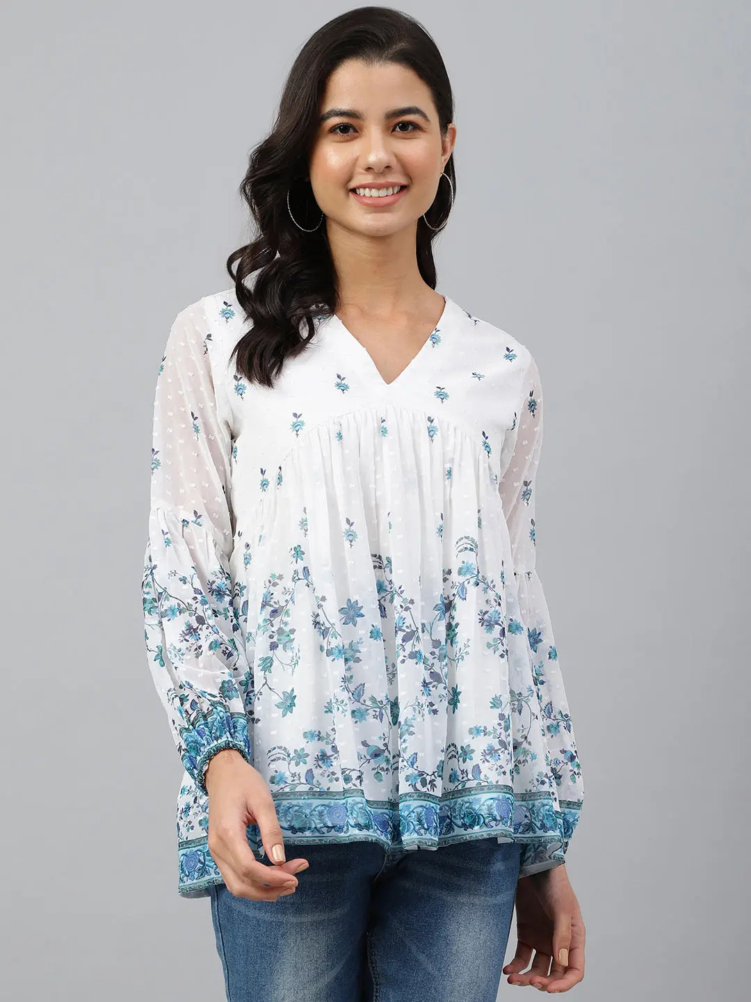 Buy Girl's White Georgette Digital Print Flared Top Usa