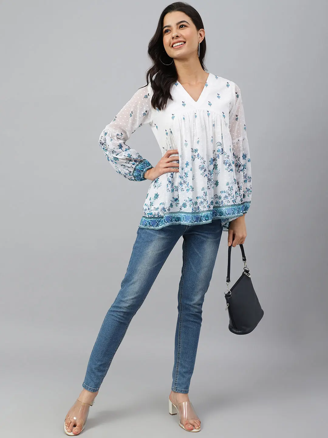 Buy Girl's White Georgette Digital Print Flared Top Usa