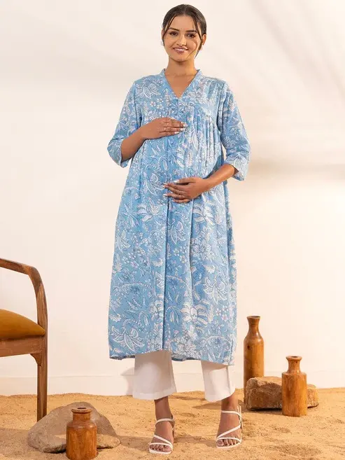 Sky Blue Cotton Floral Printed A Line Maternity Gown Collection