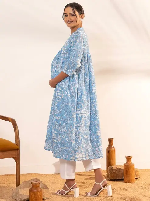 Sky Blue Cotton Floral Printed A Line Maternity Gown Collection
