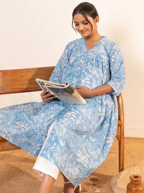 Sky Blue Cotton Floral Printed A Line Maternity Gown Collection