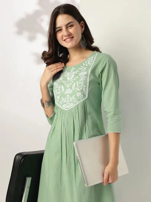 Green Pure Cotton Yoke Embroidery Kurta Women Collection