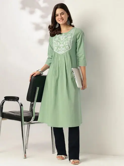 Green Pure Cotton Yoke Embroidery Kurta Women Collection