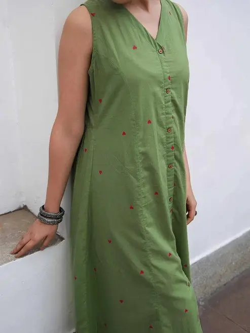Green Cotton Long Kurti With Pant A Line Collection
