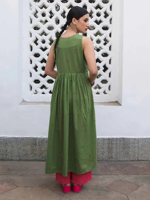 Green Cotton Long Kurti With Pant A Line Collection