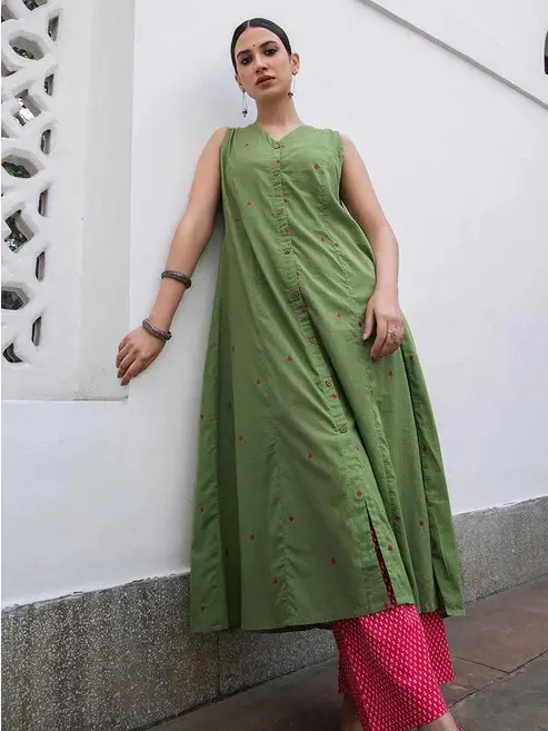 Green Cotton Long Kurti With Pant A Line Collection