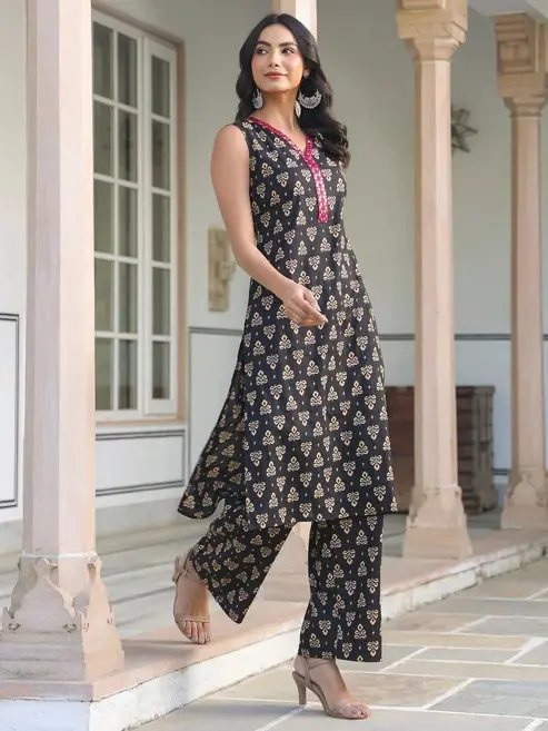 Buy Black Pure Cotton Floral Printed Kurti Pant Collection