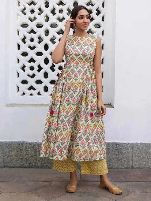 Buy Light Green Cotton A Line Printed Kurti Pant