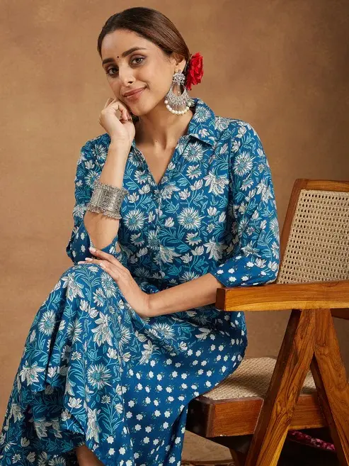 Buy Blue Pure Cotton Floral Printed A-line Long Kurti Pant Collection
