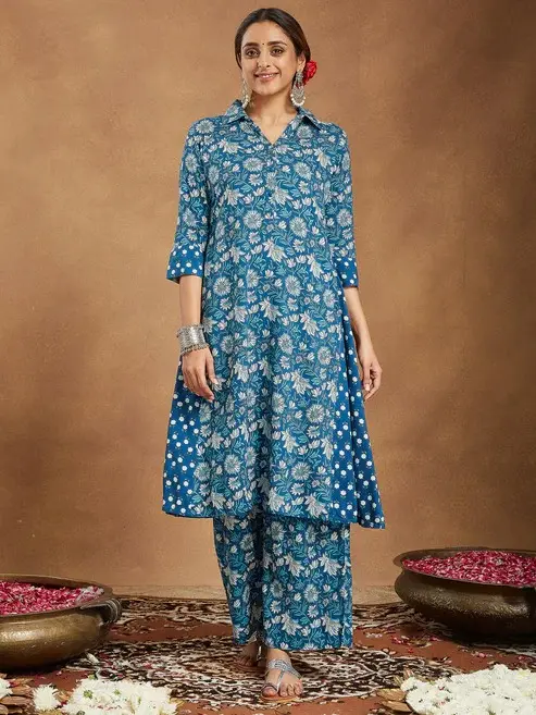 Buy Blue Pure Cotton Floral Printed A-line Long Kurti Pant Collection