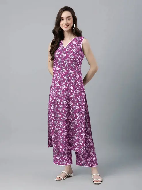 Buy Purple Pure Cotton Floral Printed Co Ord Set
