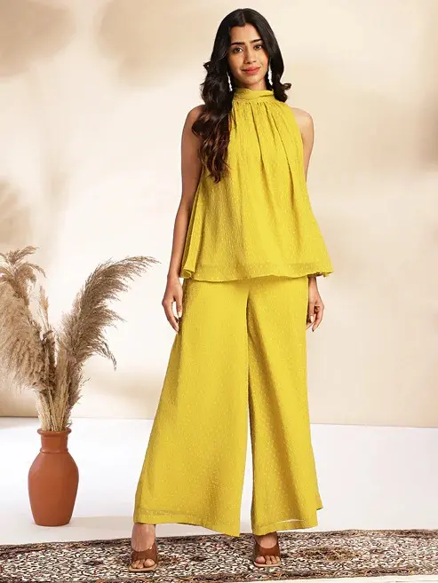 Buy Yellow Dobby Chiffon Solid Co-Ord Trading Collection