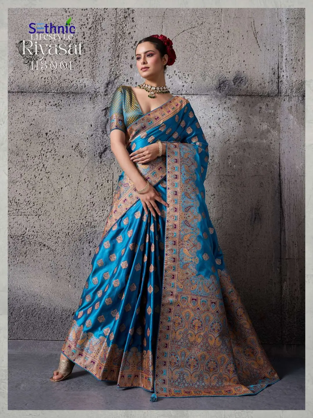 Buy Riyasat Blue Satin Silk Wedding Saree Online Usa