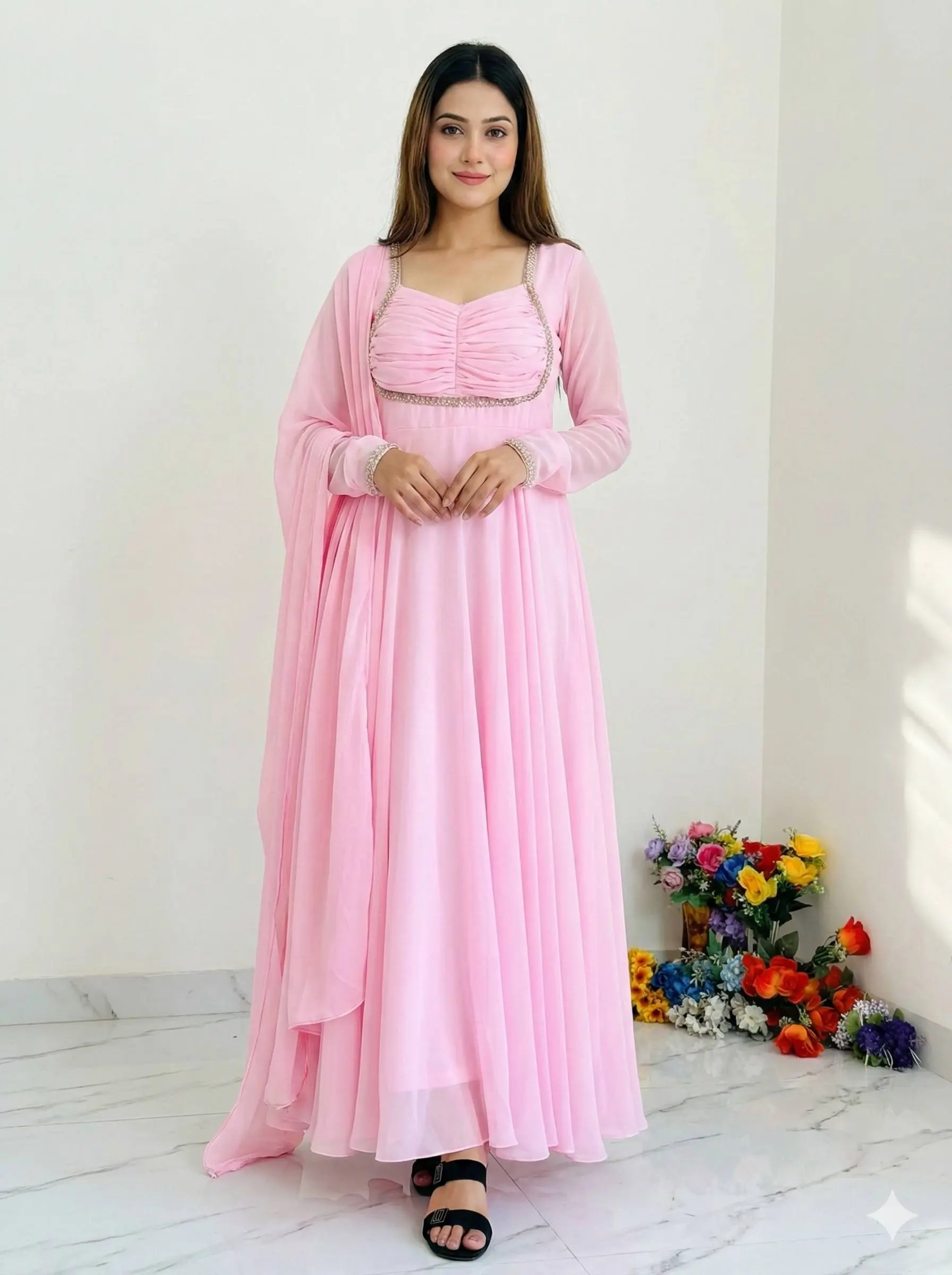 Alia 559 Baby Pink Anarkali Gown Pant With Dupatta Collection
