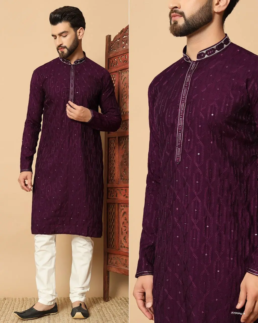 2016 Wine Premium Silk Kurta Pajama With Embroidery sequins work