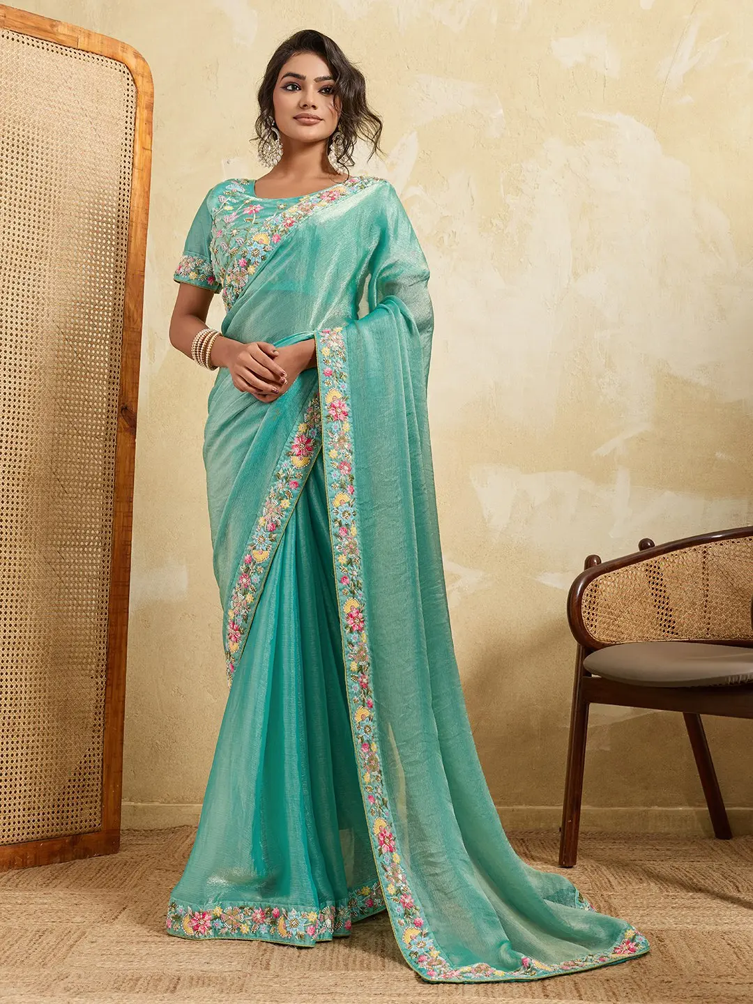 Kiara Sky Blue Fendy Chiffon Party Wear Saree With Embroidery Work