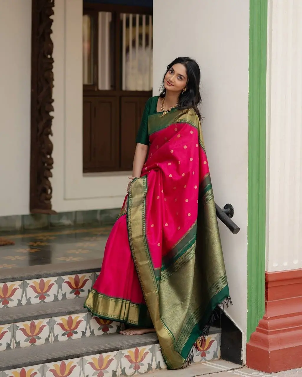 Rani 278 Soft Lichi Silk Pink Saree With Green Border South Collection