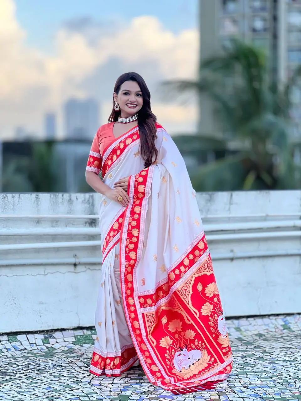 Laxmi 981 Premium Soft Silk White Saree With Red Border