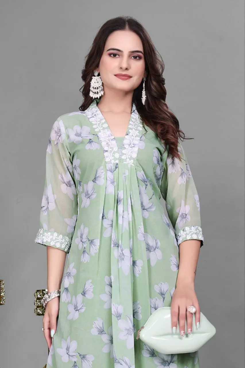 RM Georgette Back kurti Pant With Chikankari Lace