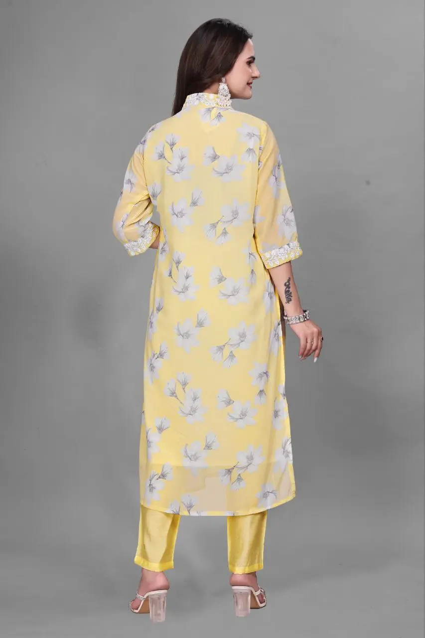 RM Georgette Yellow kurti Pant With Chikankari Lace