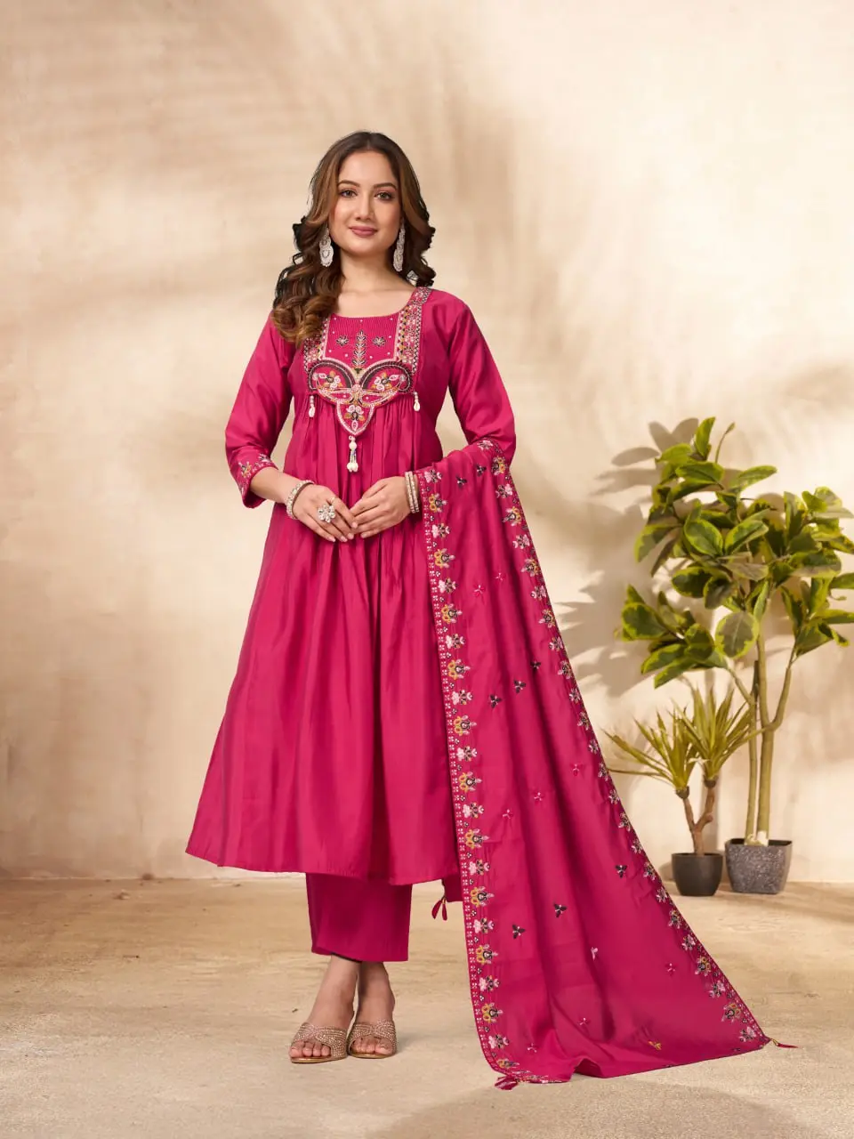 Lila 139 Roman Silk Anarkali Pink Kurti pant Dupatta With Embroidery Work