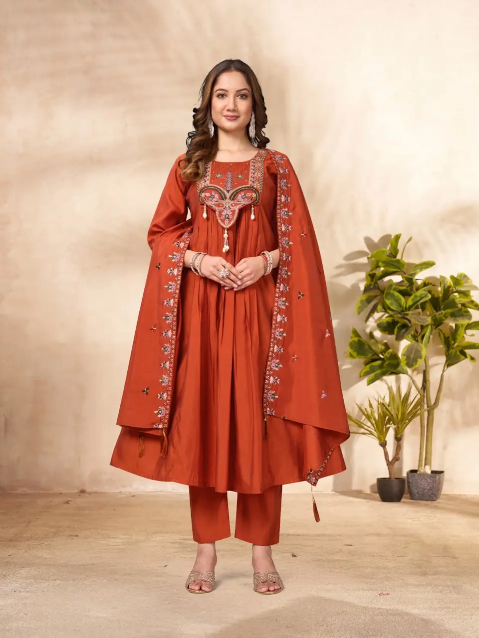 Lila 139 Roman Silk Orange Anarkali Kurti pant Dupatta With Embroidery Work