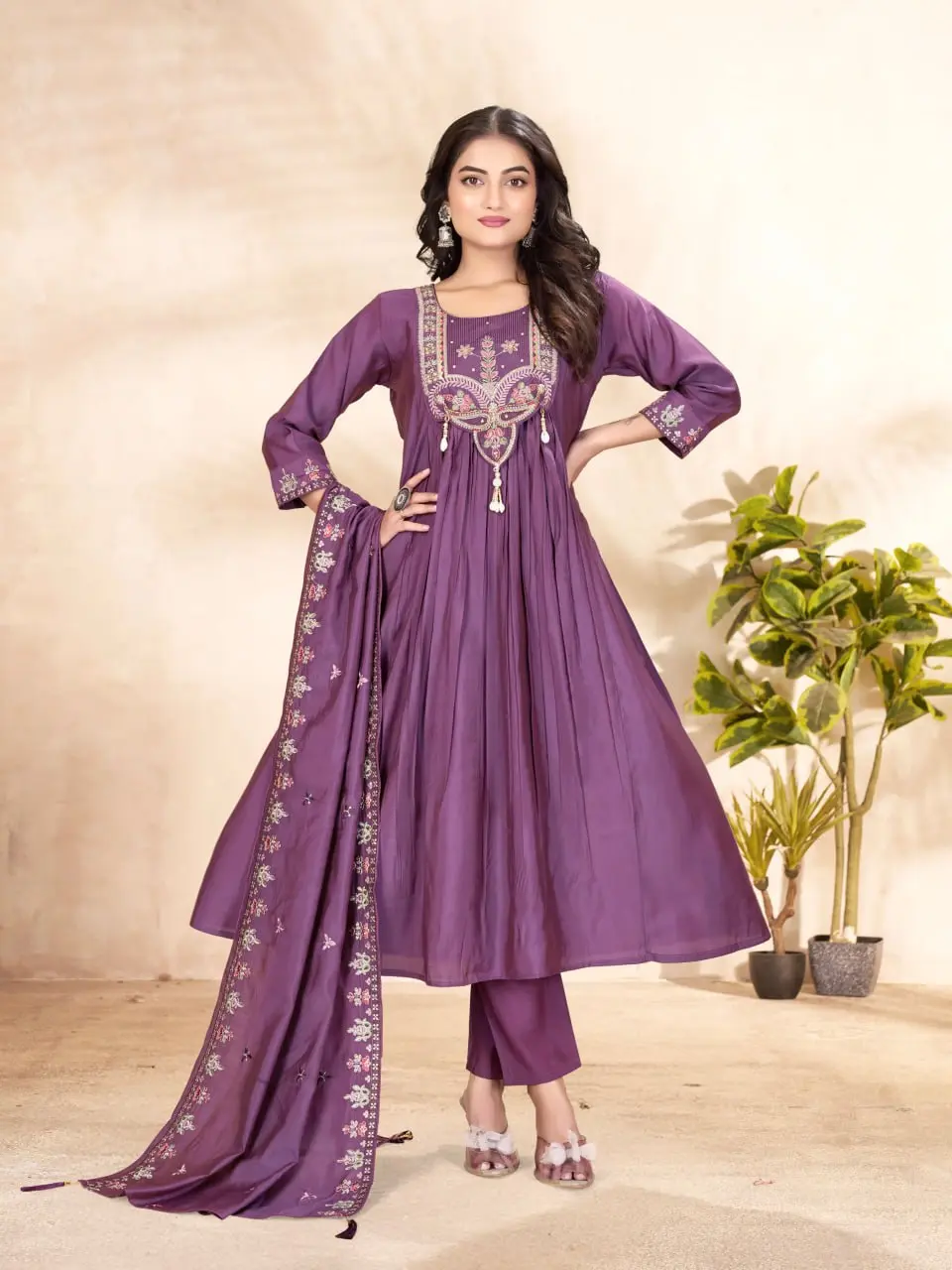 Lila 139 Roman Silk Wine Anarkali Kurti pant Dupatta With Embroidery Work
