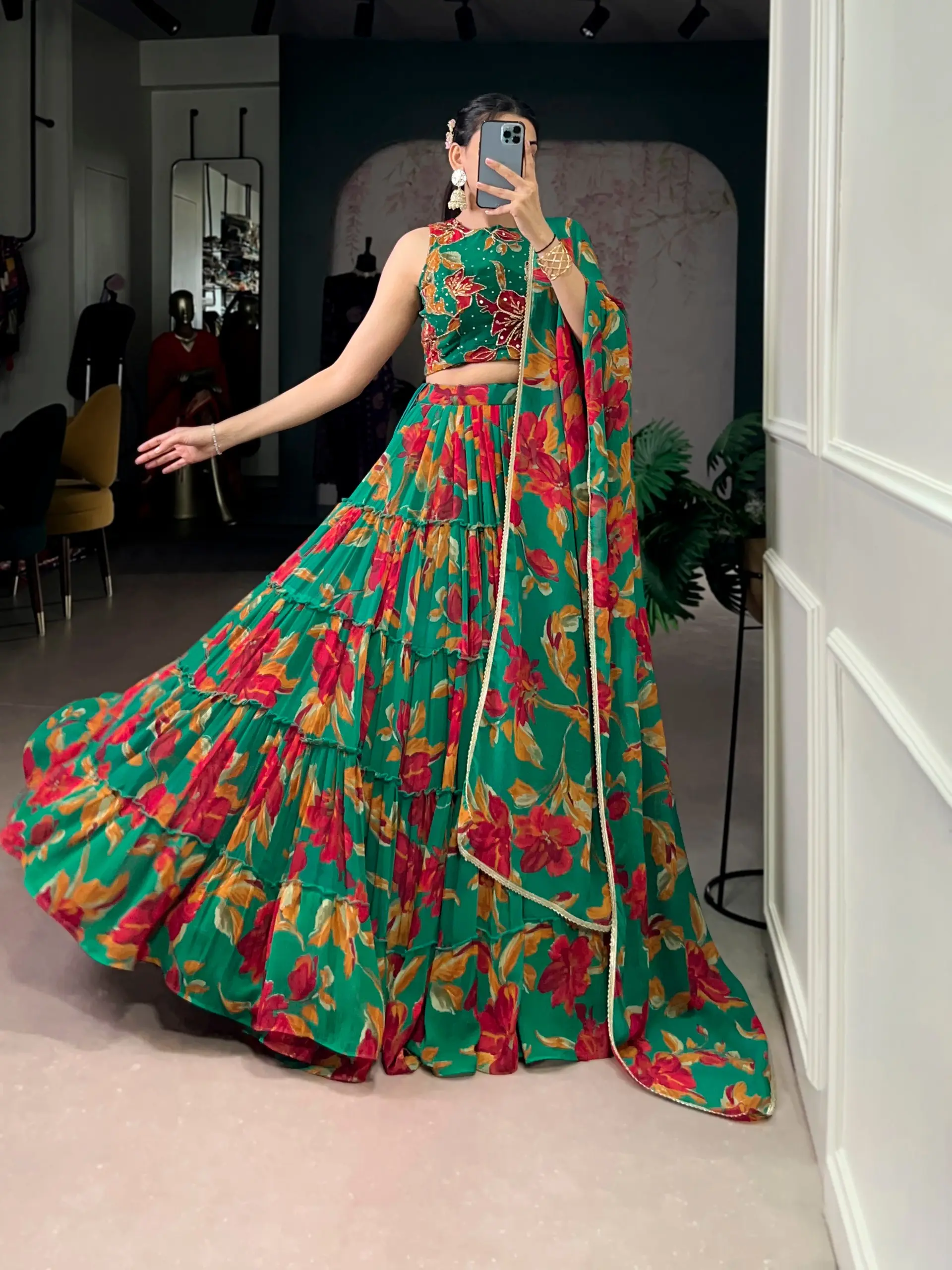 WMN 1145 Marble Green Printed Lehenga Choli For Women