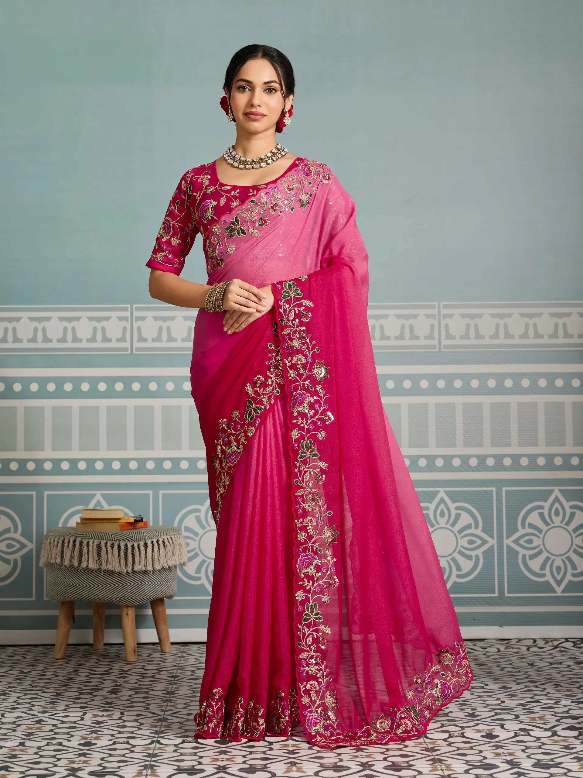 Kiara Virali Pink Soft Georgette Padding Saree With Embroidery Work