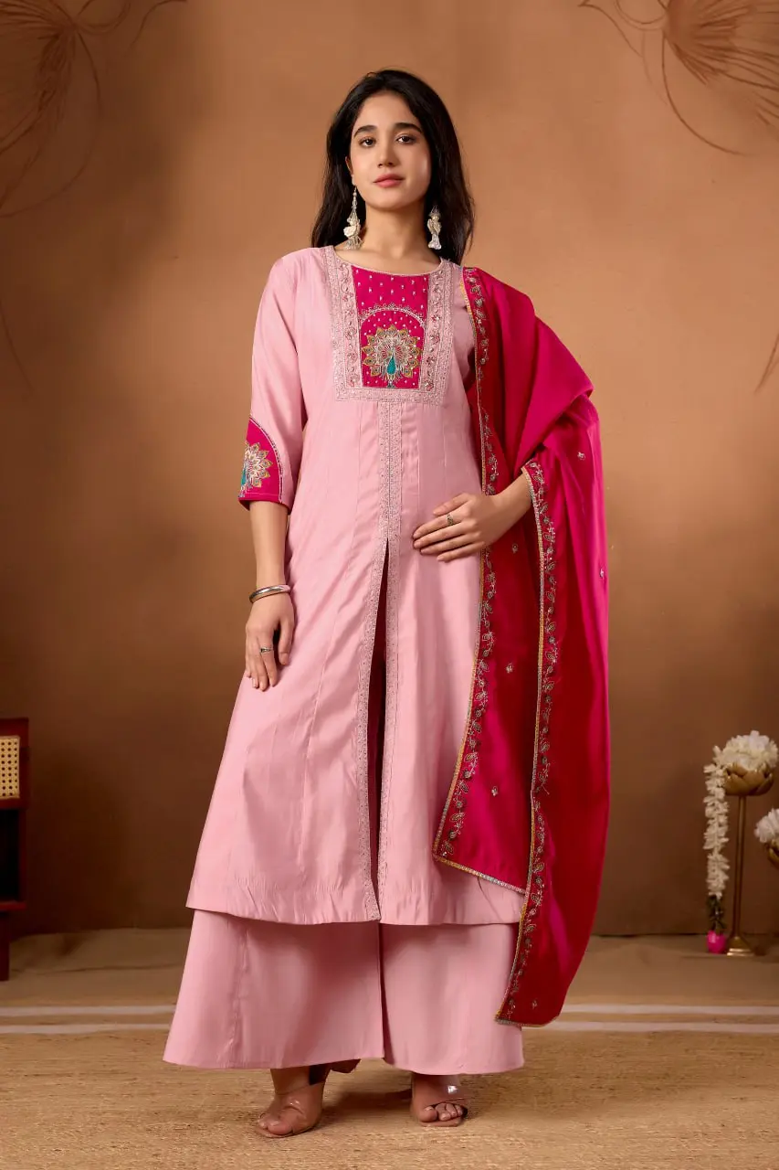 Lila 150 Anarkali Roman Silk Kurti Palazzo With Dupatta Collection