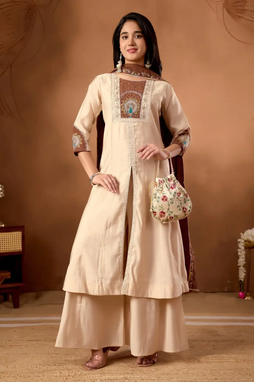 Lila 150 Anarkali Cream Roman Silk Kurti Palazzo With Dupatta Collection