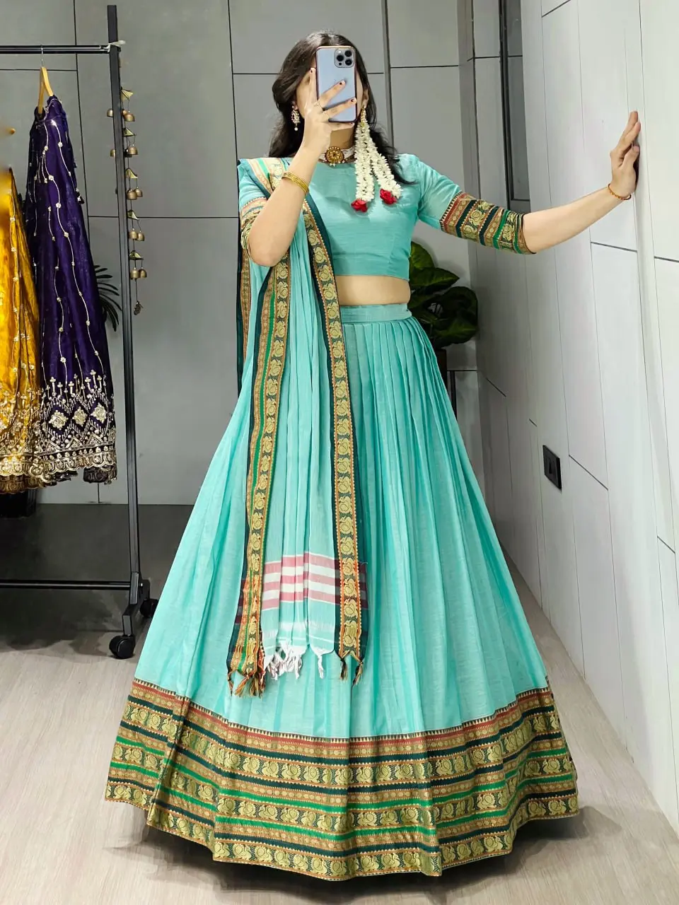 WMT 8127 Pure Chanderi Cotton Sky Blue Lehenga Choli Party Wear Collection