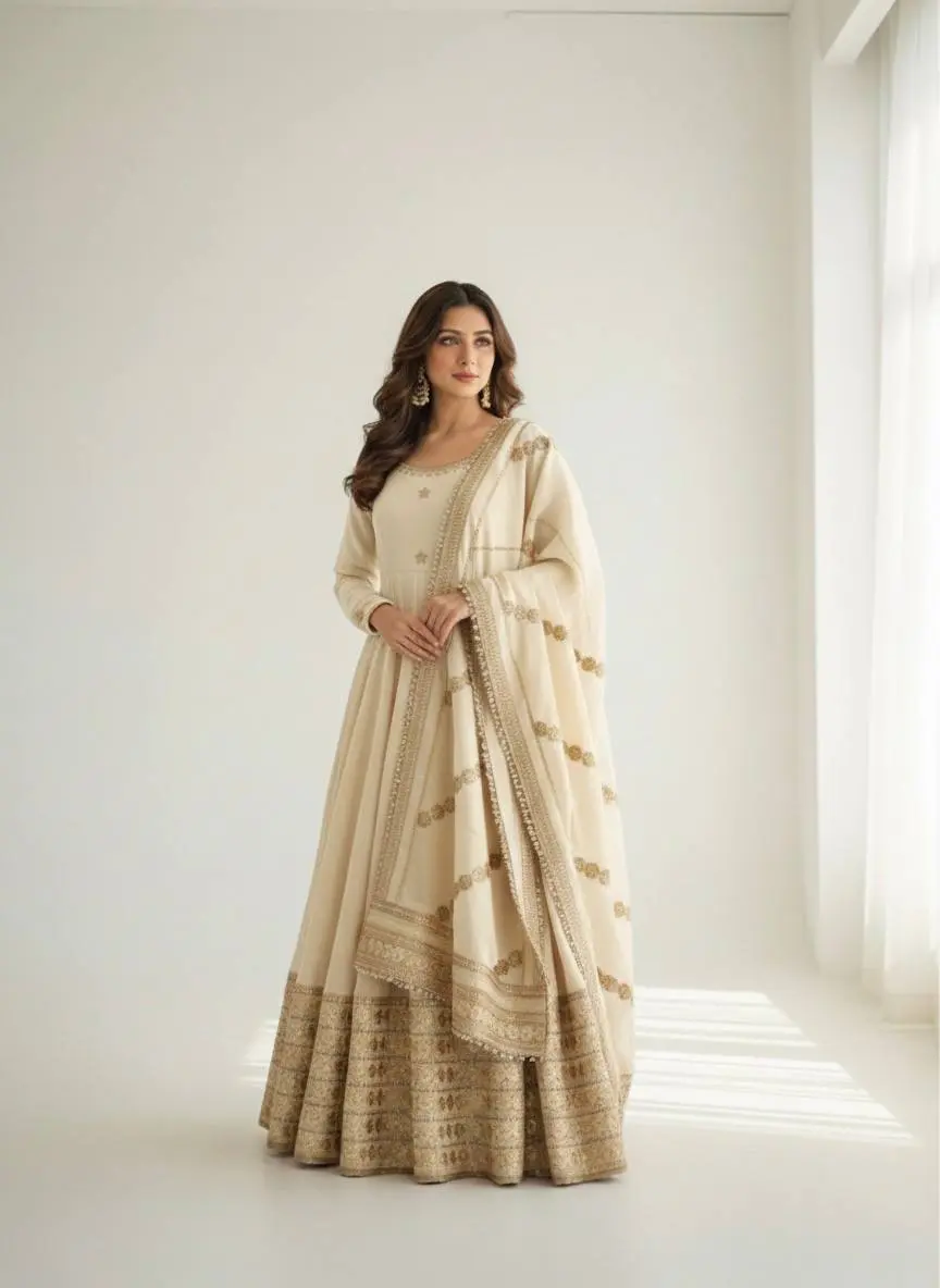 Alia 565 Chinon Silk Anarkali White Gown With Dupatta Collection