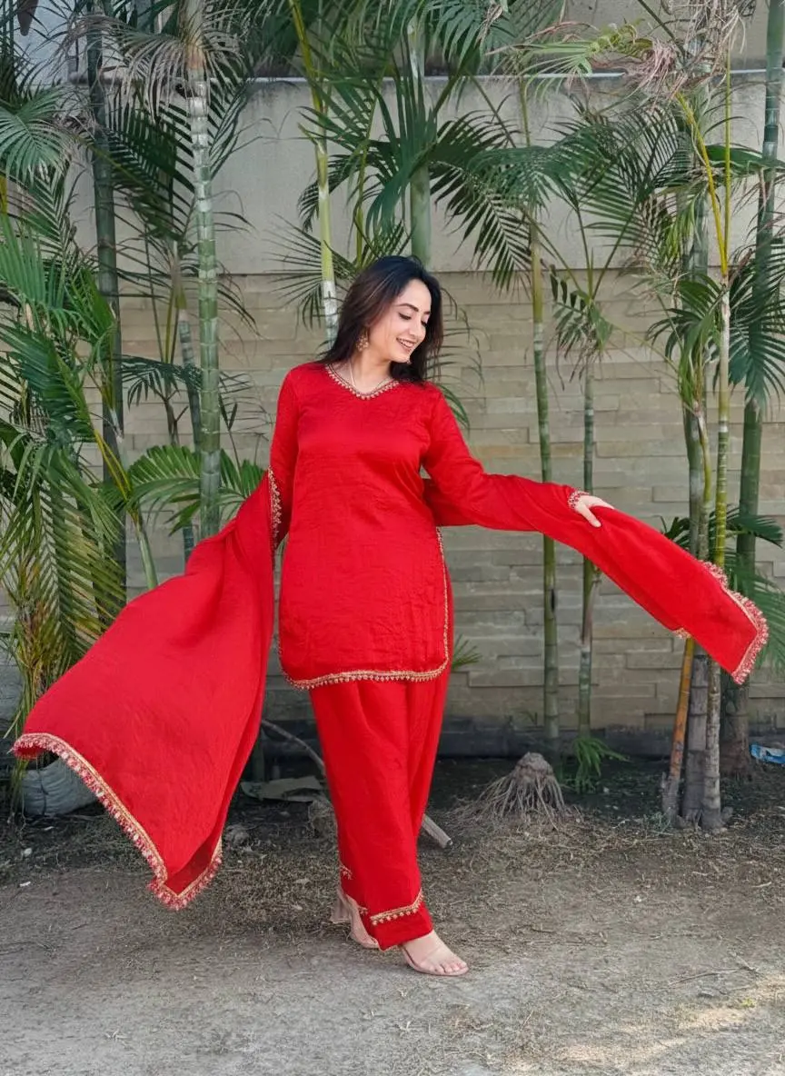 Alia 563 Fendi Satin Silk Red Eid Kurti Pant Patiala Style Collection