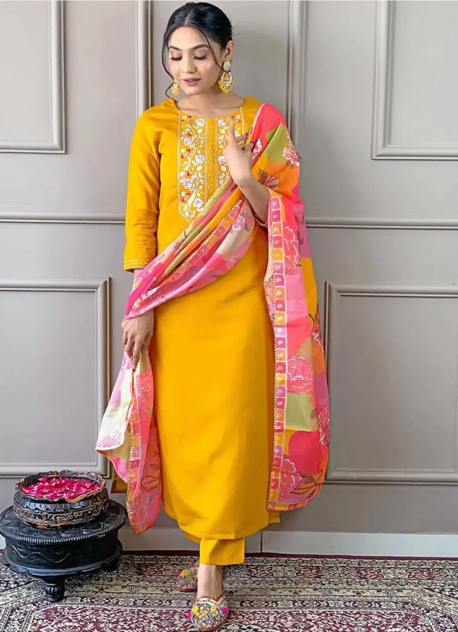 Beauty 1139 Vertical Silk Yellow Kurti Pant With Duppata Festival Collection