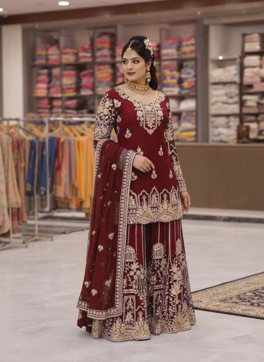 C585 1458 Maroon Party Wear Sharara Suit Online Collection